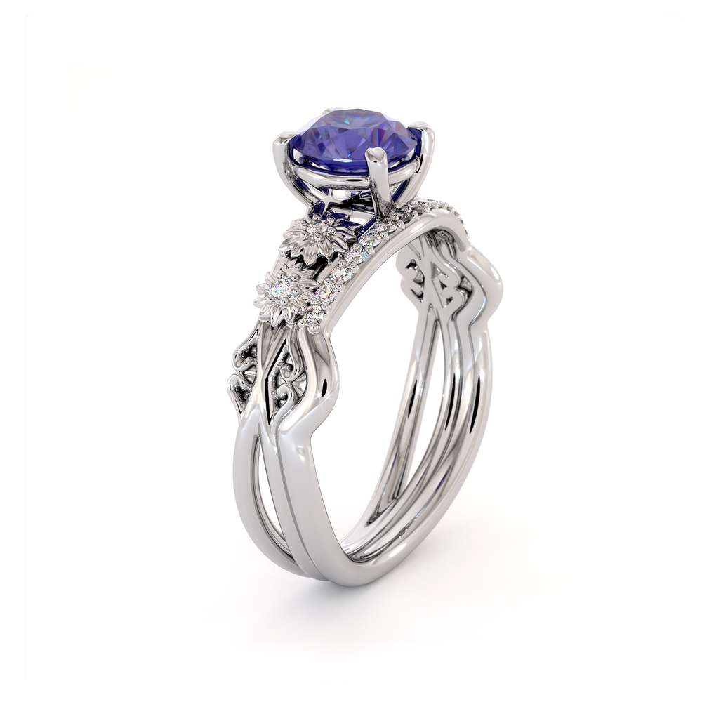 Tanzanite Engagement Ring 14K White Gold Wedding Ring Bridal Set